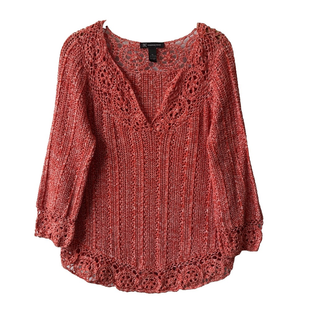 INC Red Orange Open Knit Crochet V Neck Long Sleeve Sweater XL Boho Chic Coastal